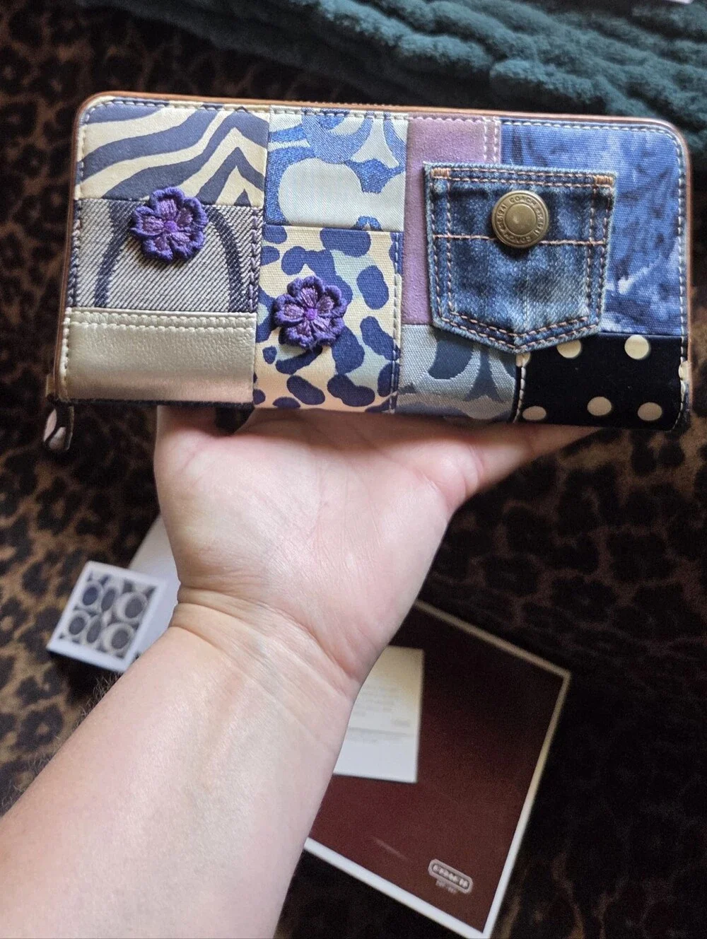 HTF, Coach Patchwork Zip Wallet Y2K — Blue & Purple Floral Patch MINT Condition!